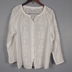 J. Jill Cream Cotton Embroidered Puff Sleeve Blouse Oversized Relaxed Fit